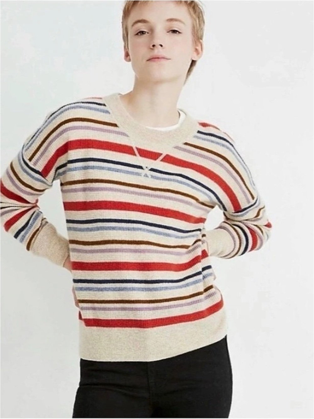 Madewell Cashmere Sweatshirt Woodson Stripe Sweater Size S 100% Cashmere